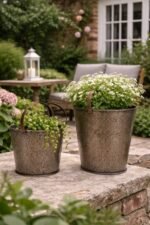 Antique Embossed Metal Planter Set with Handles – Rustic Garden Buckets for Indoor & Outdoor Décor - Image 2