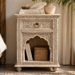 Handcrafted Carved Wooden Bedside Table – Distressed White Finish