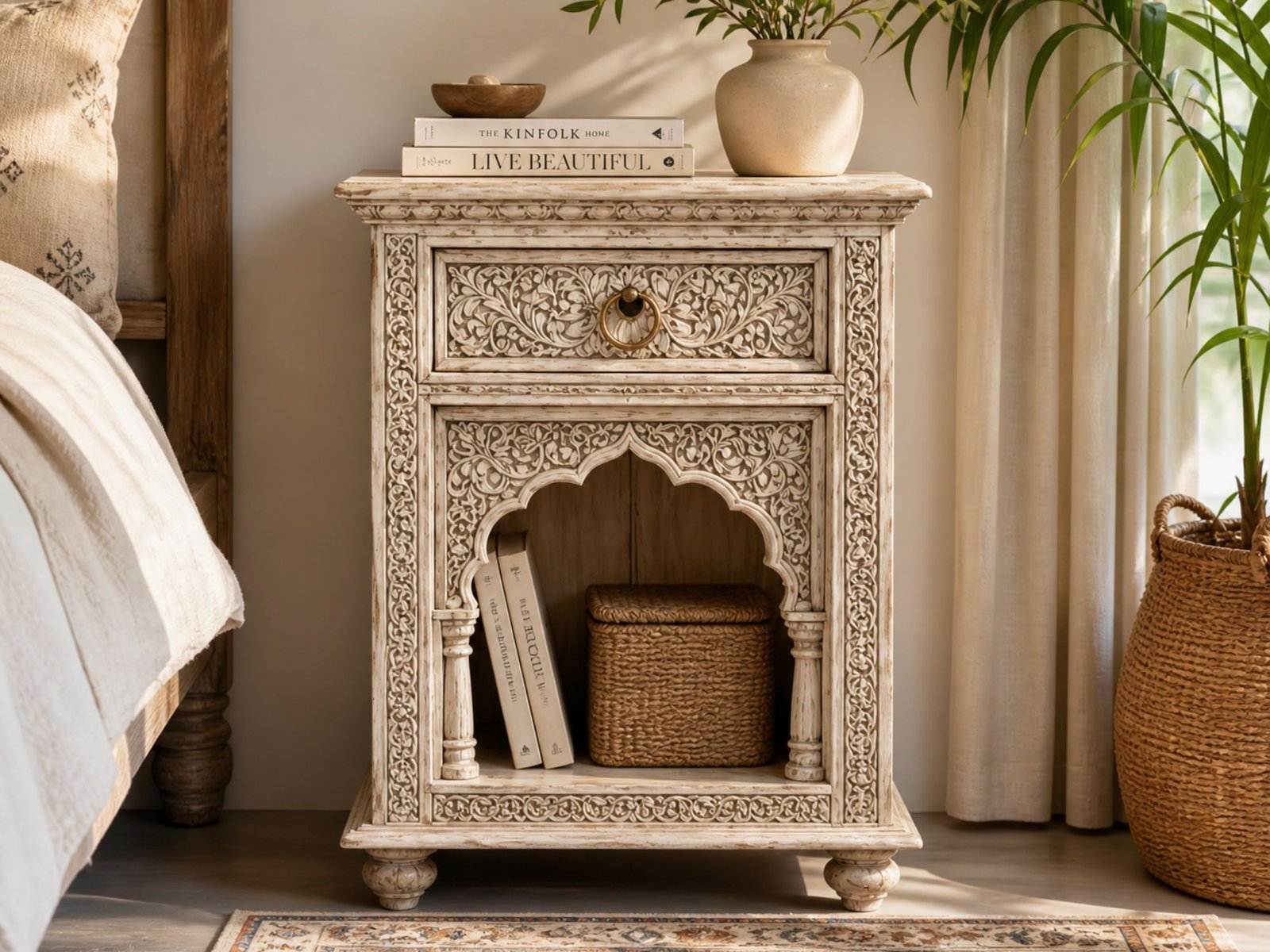 BS_1_5 Handcrafted Carved Wooden Bedside Table – Distressed White Finish - Image 1