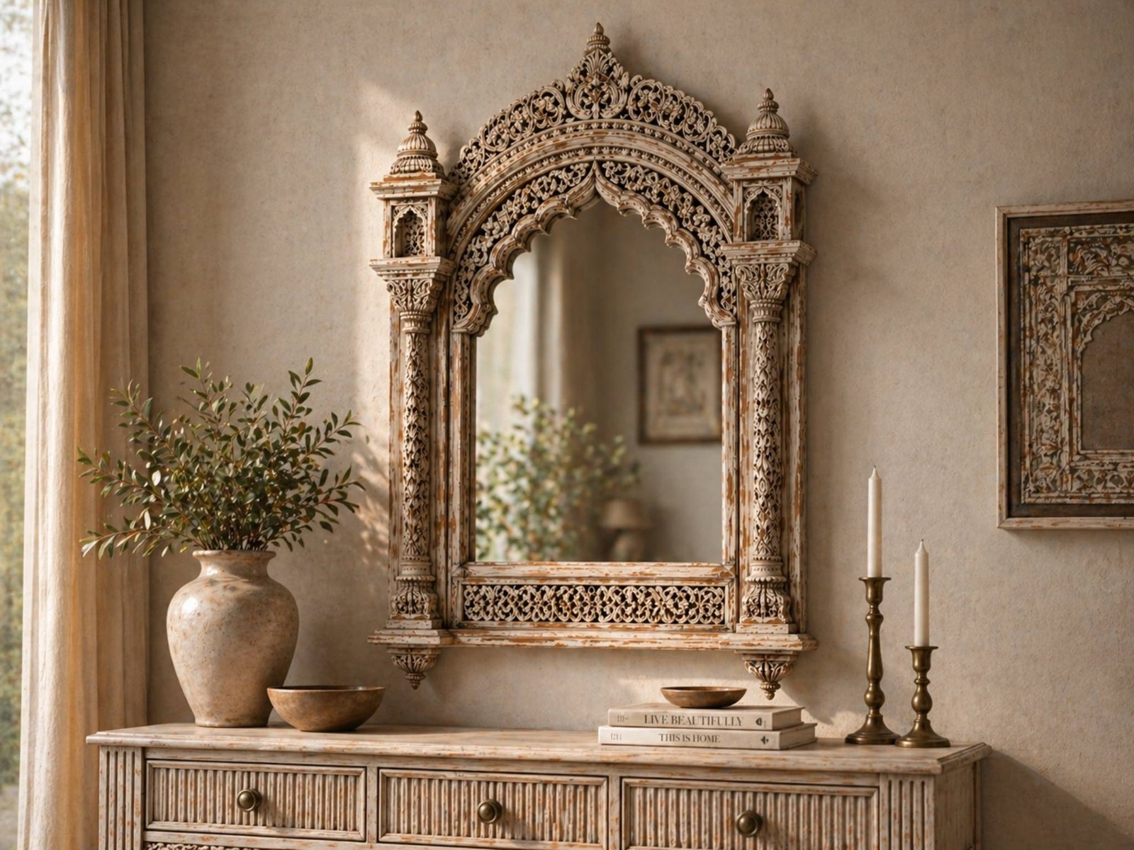 ChatGPT Image Apr 26, 2026, 07_58_46 PM(1) Statement Handcrafted Jharokha Mirror – Intricately Carved Heritage Frame | Luxury Wall Feature - Image 1