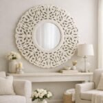 Hand-Carved White Round Wooden Mirror Wall Panel – Statement Decor (90 cm)