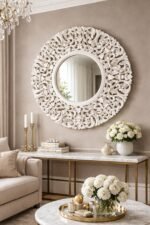 Hand-Carved White Round Wooden Mirror Wall Panel – Statement Decor (90 cm) - Image 2