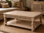 Handcrafted Wooden Coffee Table with Shelf – Carved Detail | Distressed Natural Finish