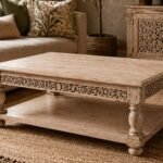 Handcrafted Wooden Coffee Table with Shelf – Carved Detail | Distressed Natural Finish