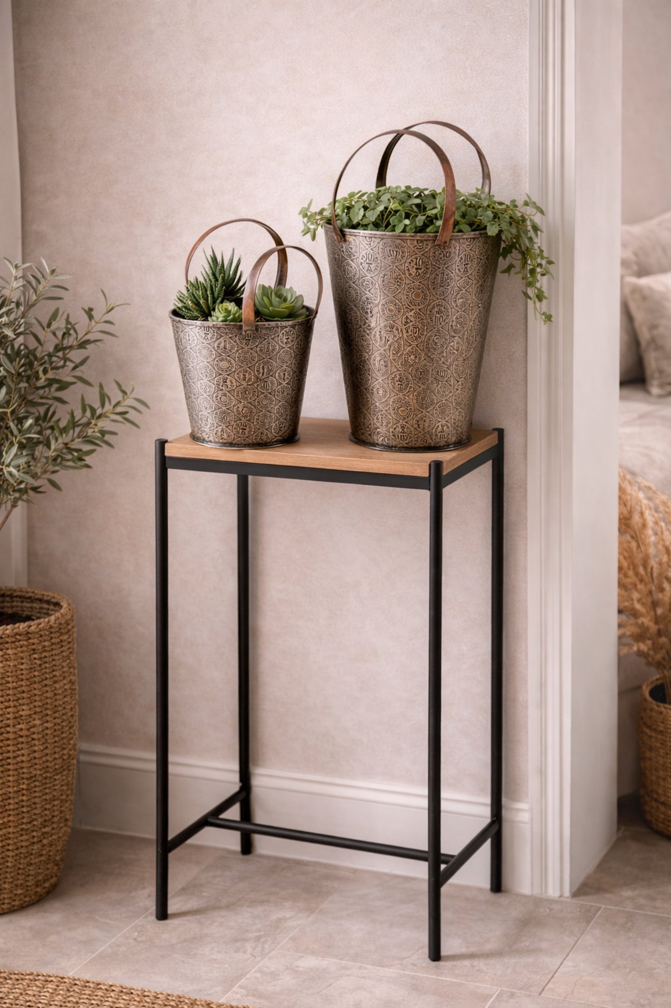 Elegant planters in a cosy corner Antique Embossed Metal Planter Set with Handles – Rustic Garden Buckets for Indoor & Outdoor Décor - Image 1