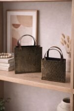Antique Metal Planter Basket with Handles – Egyptian Engraved Rustic Storage & Garden Décor