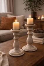 Mango Wood Candle Stand Set of 2 – Distressed White Decorative Pillar Holders - Image 2
