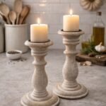 Mango Wood Candle Stand Set of 2 – Distressed White Decorative Pillar Holders