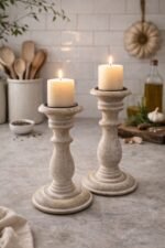 Mango Wood Candle Stand Set of 2 – Distressed White Decorative Pillar Holders