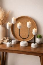 Mango Wood Candle Holder Set of 4 – Distressed White Decorative Stand Set