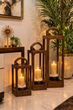 Mango Wood Lantern Set of 3 – Brown Decorative Large Lanterns | Farmhouse Decor - Image 3