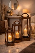 Mango Wood Lantern Set of 3 – Brown Decorative Large Lanterns | Farmhouse Decor - Image 2