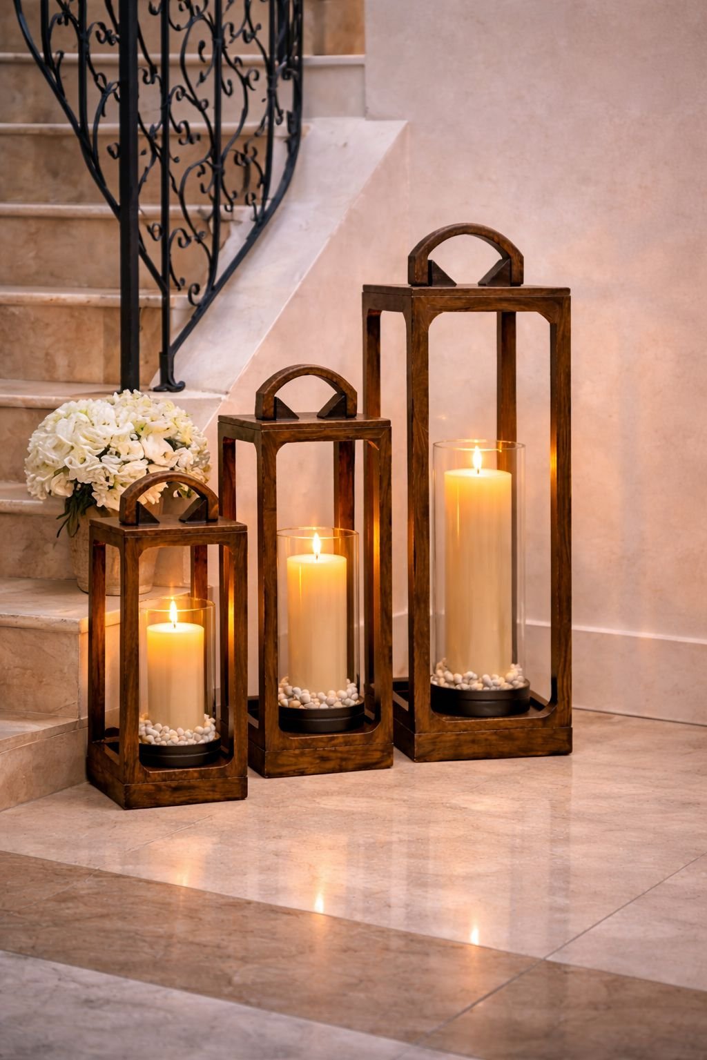 HC-LTN-016 Mango Wood Lantern Set of 3 – Brown Decorative Large Lanterns | Farmhouse Decor - Image 1