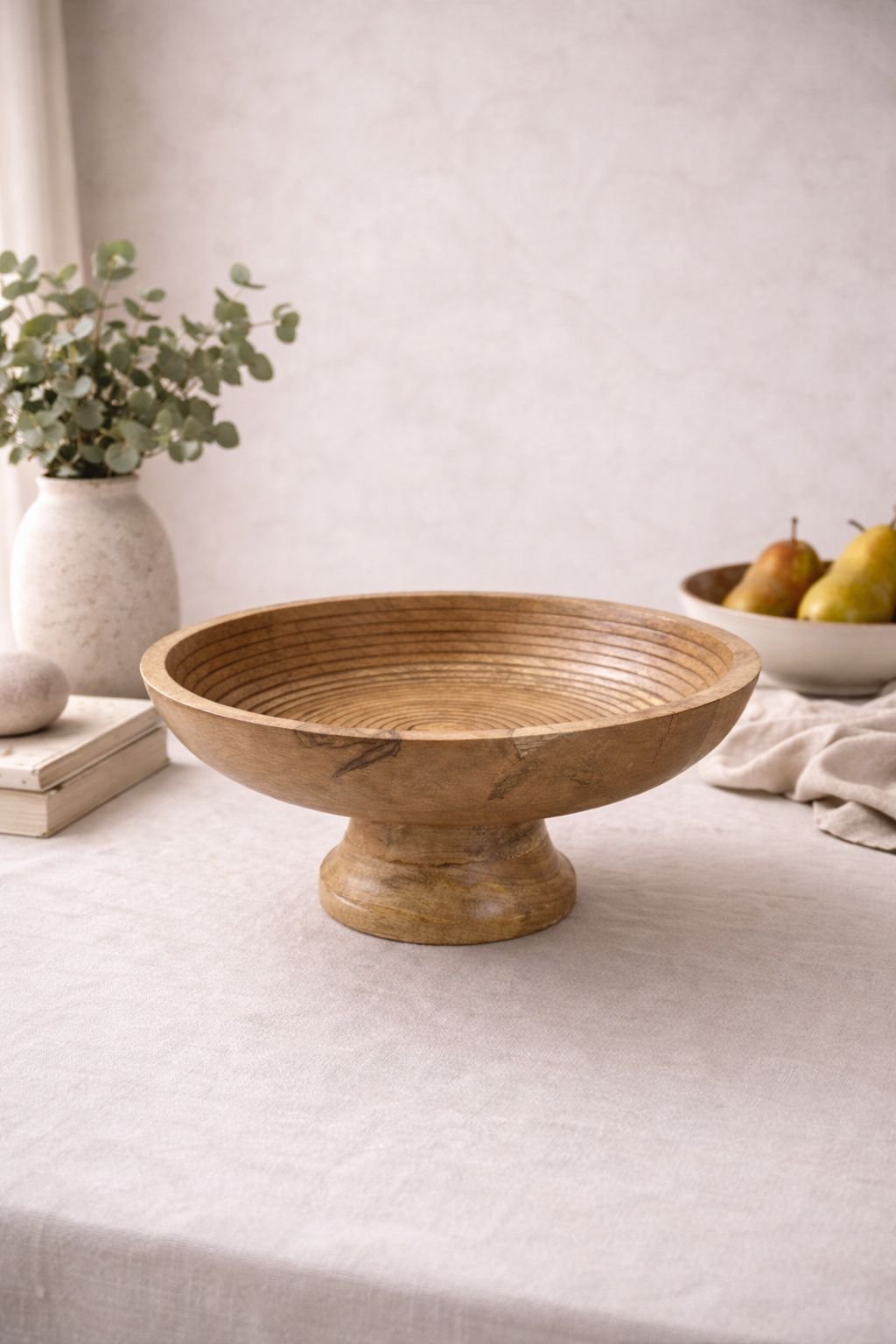 HC-TRY-002 Mango Wood Serving Bowl with Stand – Natural Finish Decorative Centrepiece - Image 1