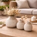 Mango Wood Vase Set of 3 – Distressed White Decorative Tabletop Vases