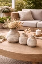 Mango Wood Vase Set of 3 – Distressed White Decorative Tabletop Vases