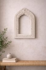Distressed White Carved Arch Jharokha Wall Frame – Vintage Indian Window Decor
