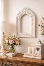 Stone Beige Carved Arch Jharokha Wall Frame – Vintage Indian Window Style Decor