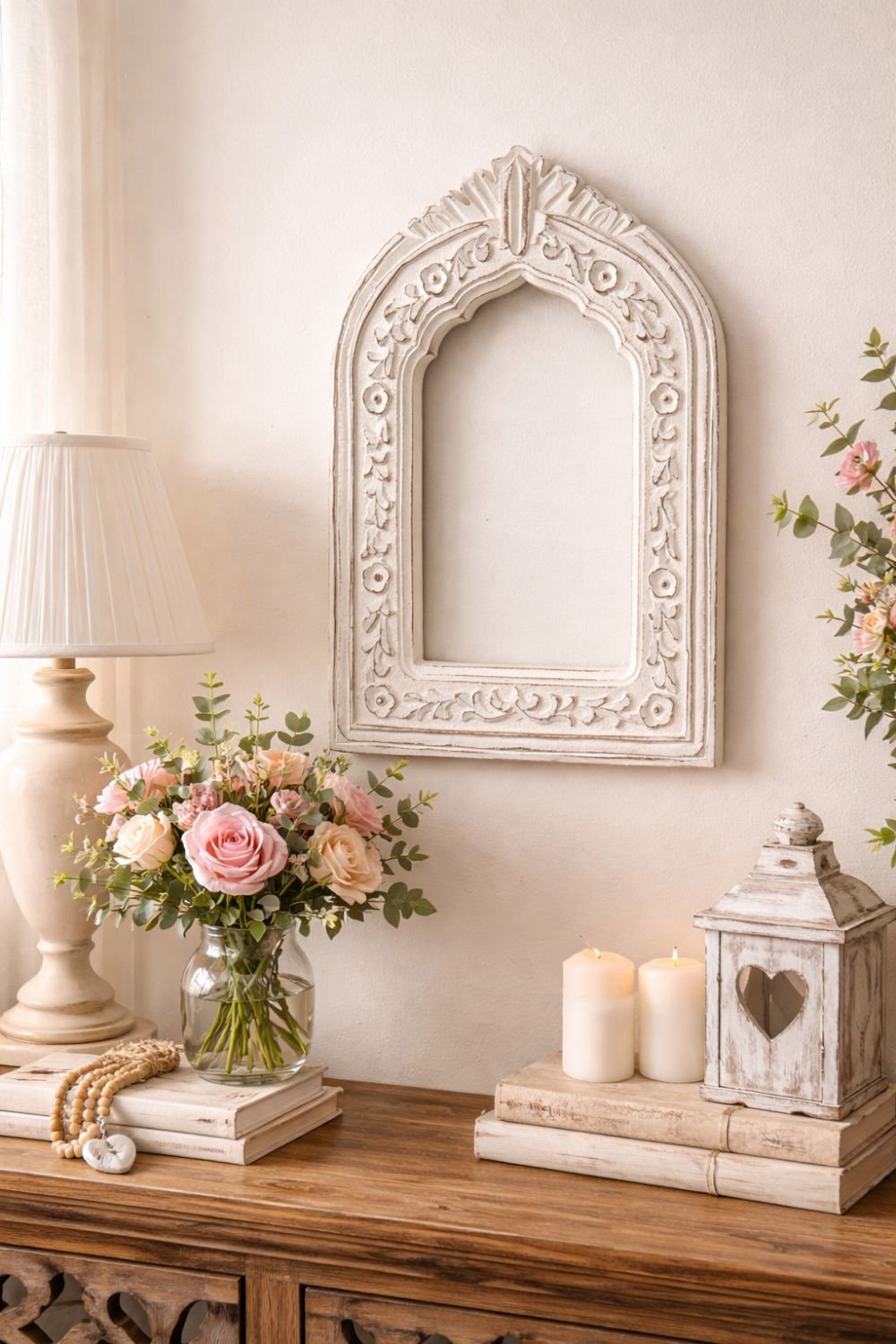 HC-WD-021 Jharokha1(3) Stone Beige Carved Arch Jharokha Wall Frame – Vintage Indian Window Style Decor - Image 1