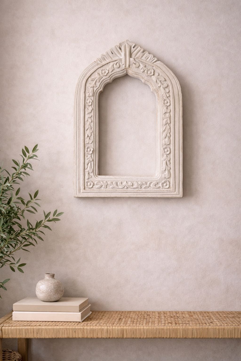 HC-WD-021 Distressed White Carved Arch Jharokha Wall Frame – Vintage Indian Window Decor - Image 1
