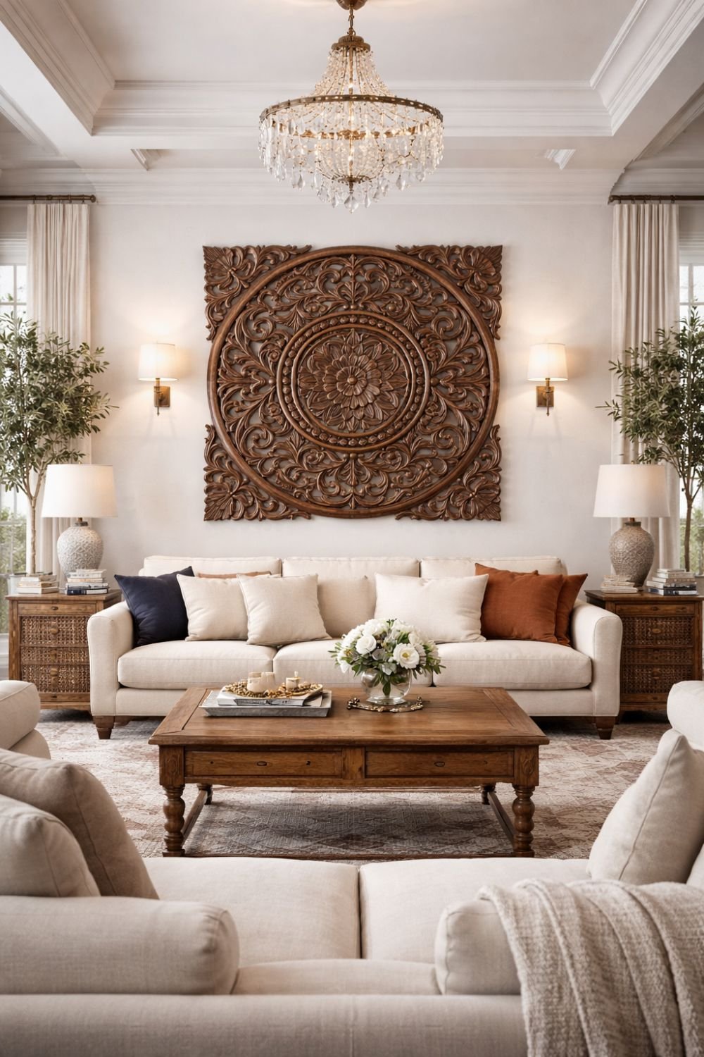 HC-WD-022-BR(4) Walnut Brown Carved Mandala Wall Panel – Traditional Wooden Statement Wall Decor (90 cm) - Image 1