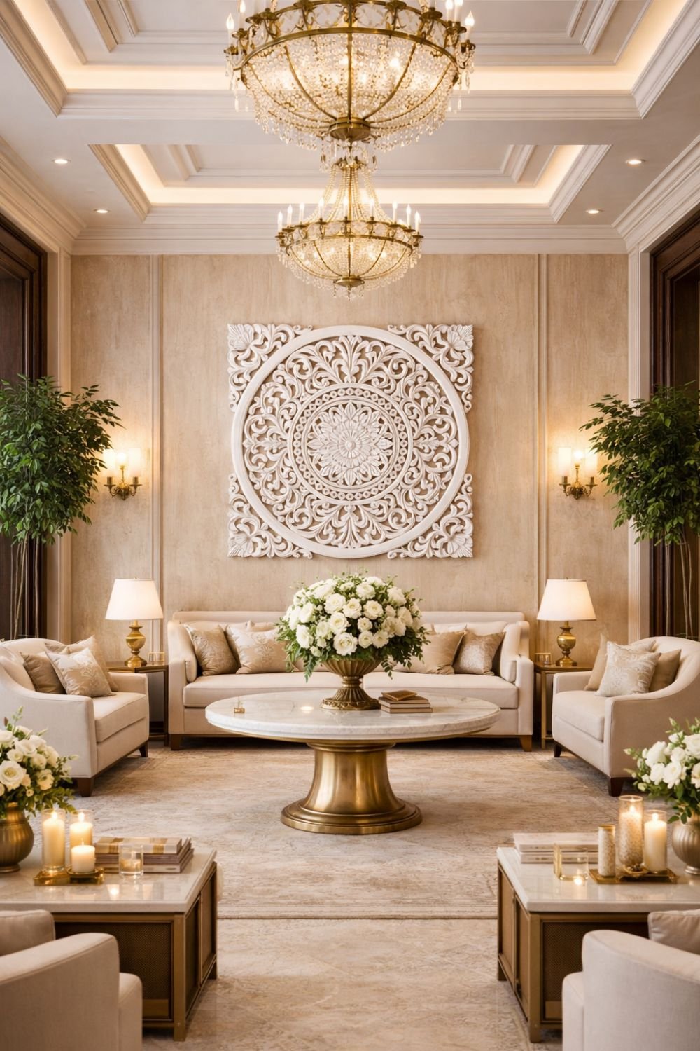HC-WD-022-WH(1) Distressed White Hand-Carved Floral Mandala Wall Panel – Luxury Statement Wall Art (90 cm) - Image 1