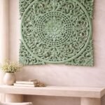 Sage Green Carved Mandala Wall Panel – Vintage Indian Floral Wall Decor (90 cm)