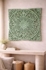 Sage Green Carved Mandala Wall Panel – Vintage Indian Floral Wall Decor (90 cm)