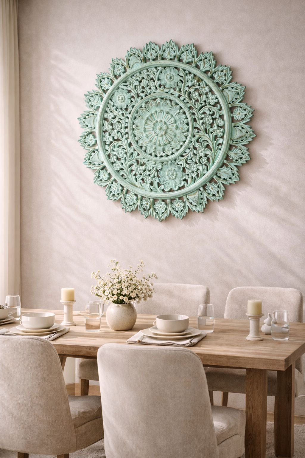 HC-WD-023-SG(1) Sage Green Round Mandala Wall Panel – Floral Statement Wall Decor (90 cm) - Image 1