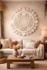 Distressed White Round Nagauri Mandala Wall Panel – Hand-Carved Floral Luxury Wall Art (90 cm)