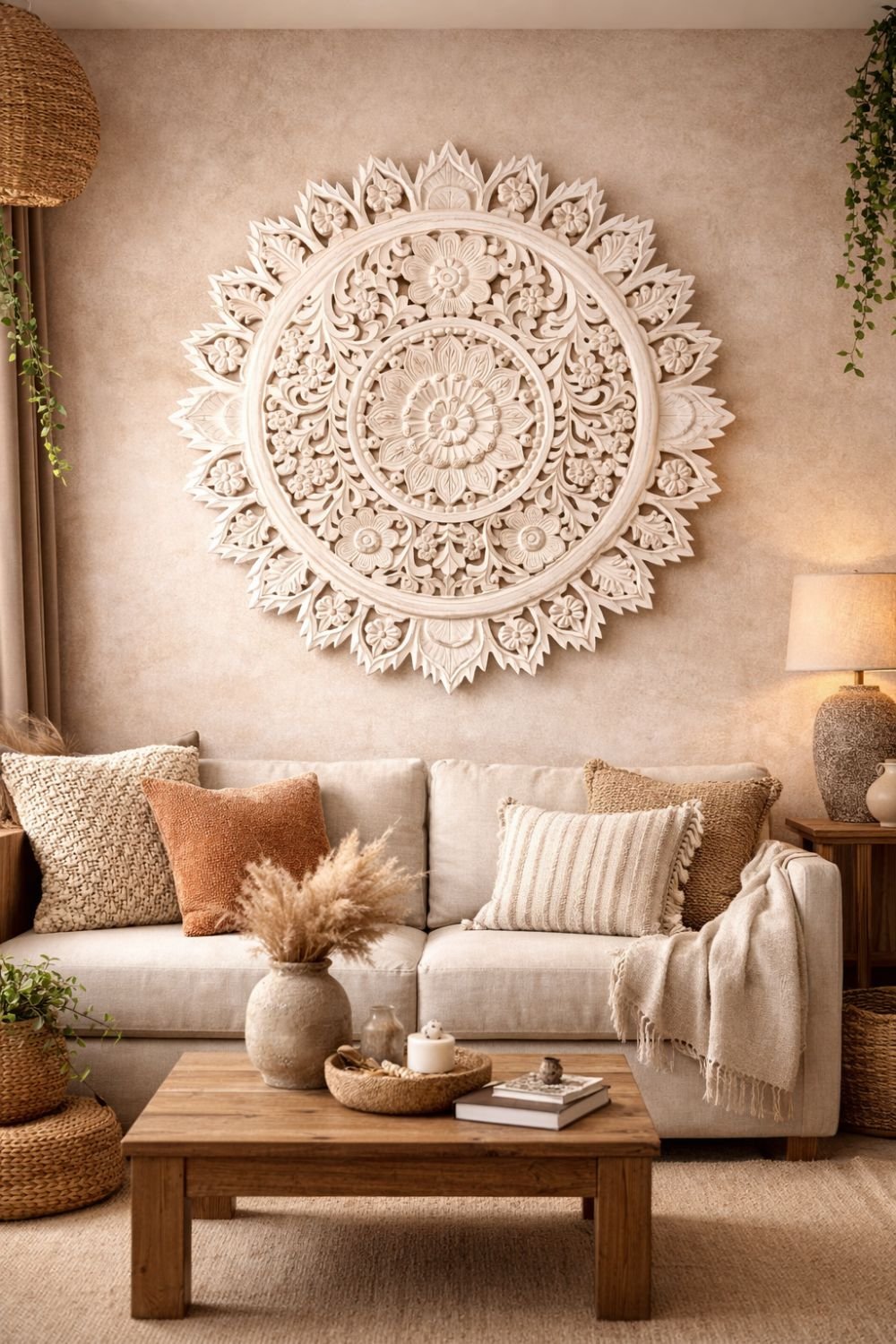 HC-WD-023-WH Distressed White Round Nagauri Mandala Wall Panel – Hand-Carved Floral Luxury Wall Art (90 cm) - Image 1