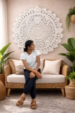 Distressed White Round Nagauri Mandala Wall Panel – Hand-Carved Floral Luxury Wall Art (90 cm) - Image 3