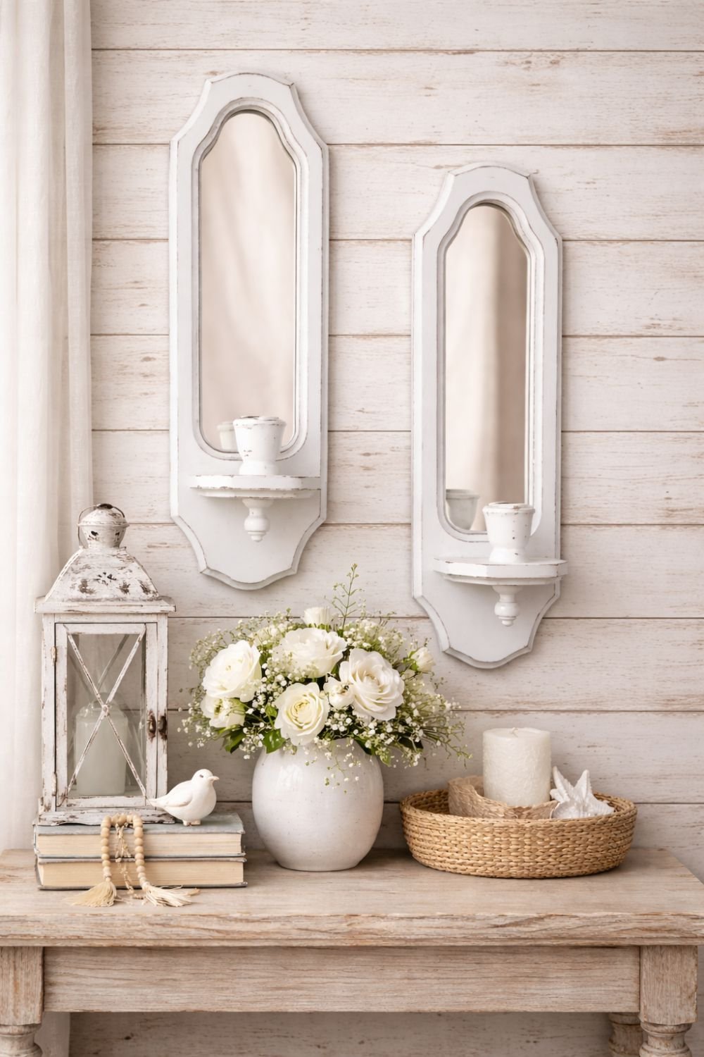 HC-WD-025 Sounce set Wooden Wall Sconce Set of 2 – Mirror Shelf Candle Holder Decor - Image 1