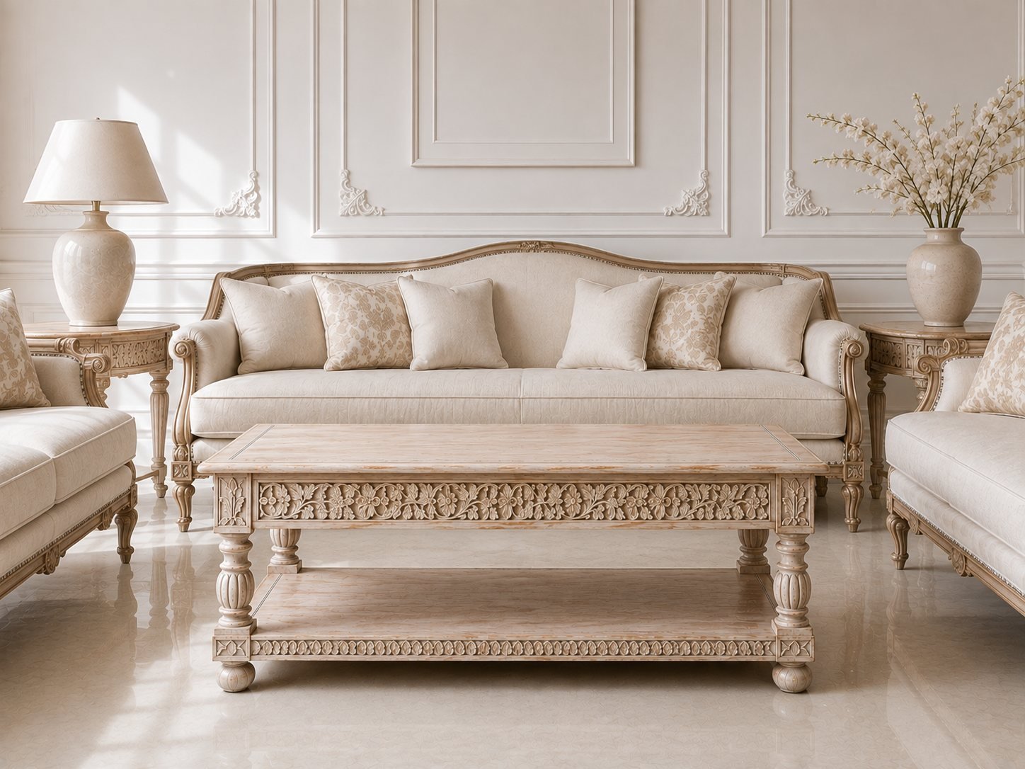Handcrafted Wooden Coffee Table with Shelf – Carved Detail | Distressed Natural Finish - Image 2