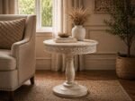 Handcrafted Round Wooden Side Table – Carved Pedestal Design | Distressed White Finish