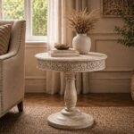 Handcrafted Round Wooden Side Table – Carved Pedestal Design | Distressed White Finish