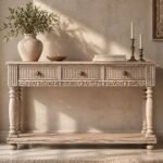 Handcrafted Wooden Console Table with Drawers – Minimal Carved Design | Distressed White Finish