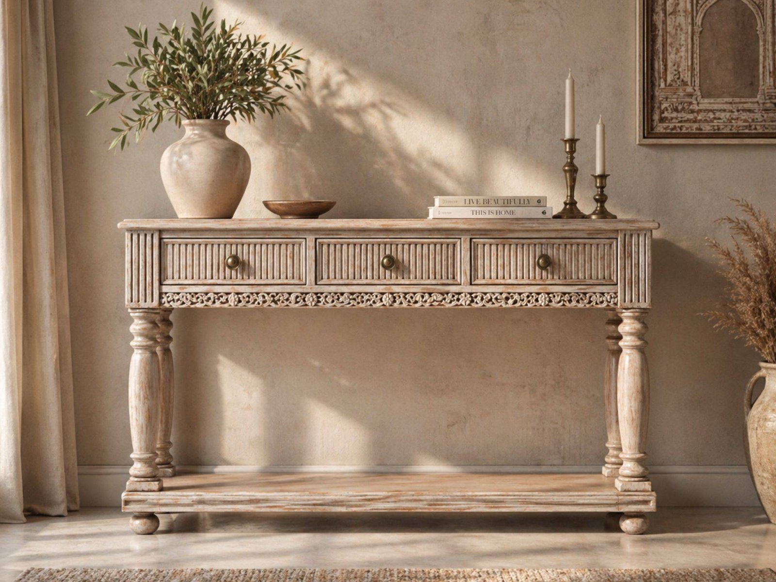 console(3) Handcrafted Wooden Console Table with Drawers – Minimal Carved Design | Distressed White Finish - Image 1