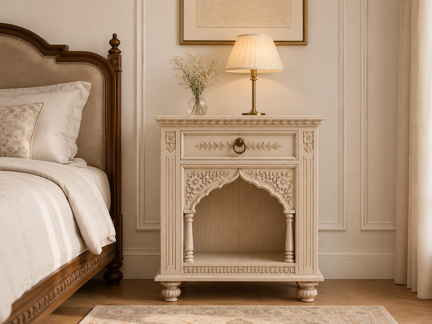 Handcrafted Carved Wooden Bedside Table – Warm antique ivory - Image 2
