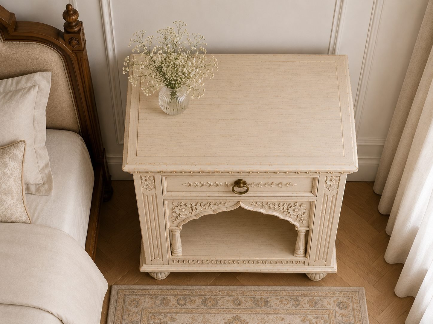 Handcrafted Carved Wooden Bedside Table – Warm antique ivory - Image 3