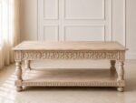 Handcrafted Wooden Coffee Table with Shelf – Carved Detail | Distressed Natural Finish