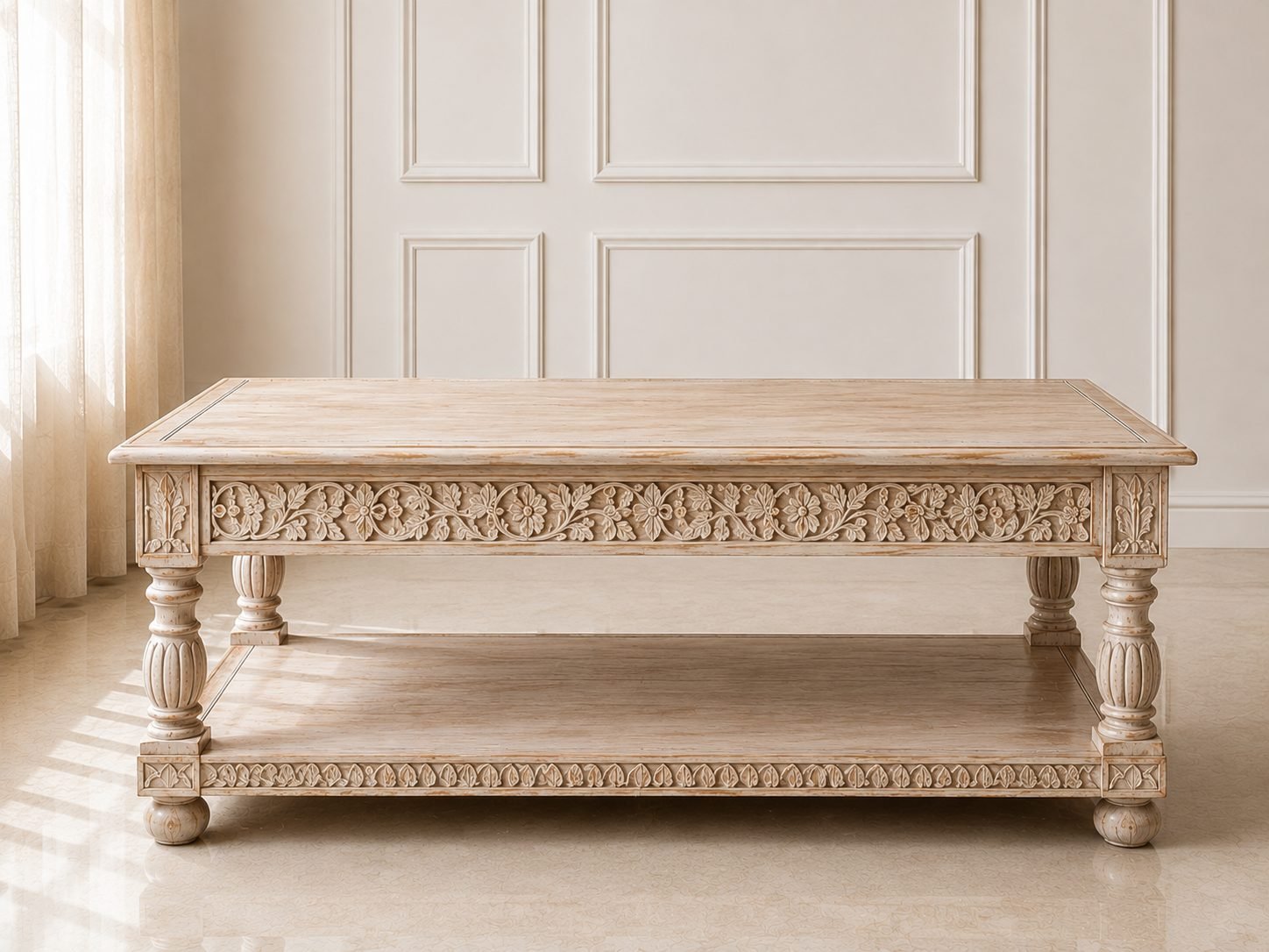 heritage_coffee_table_front Handcrafted Wooden Coffee Table with Shelf – Carved Detail | Distressed Natural Finish - Image 1