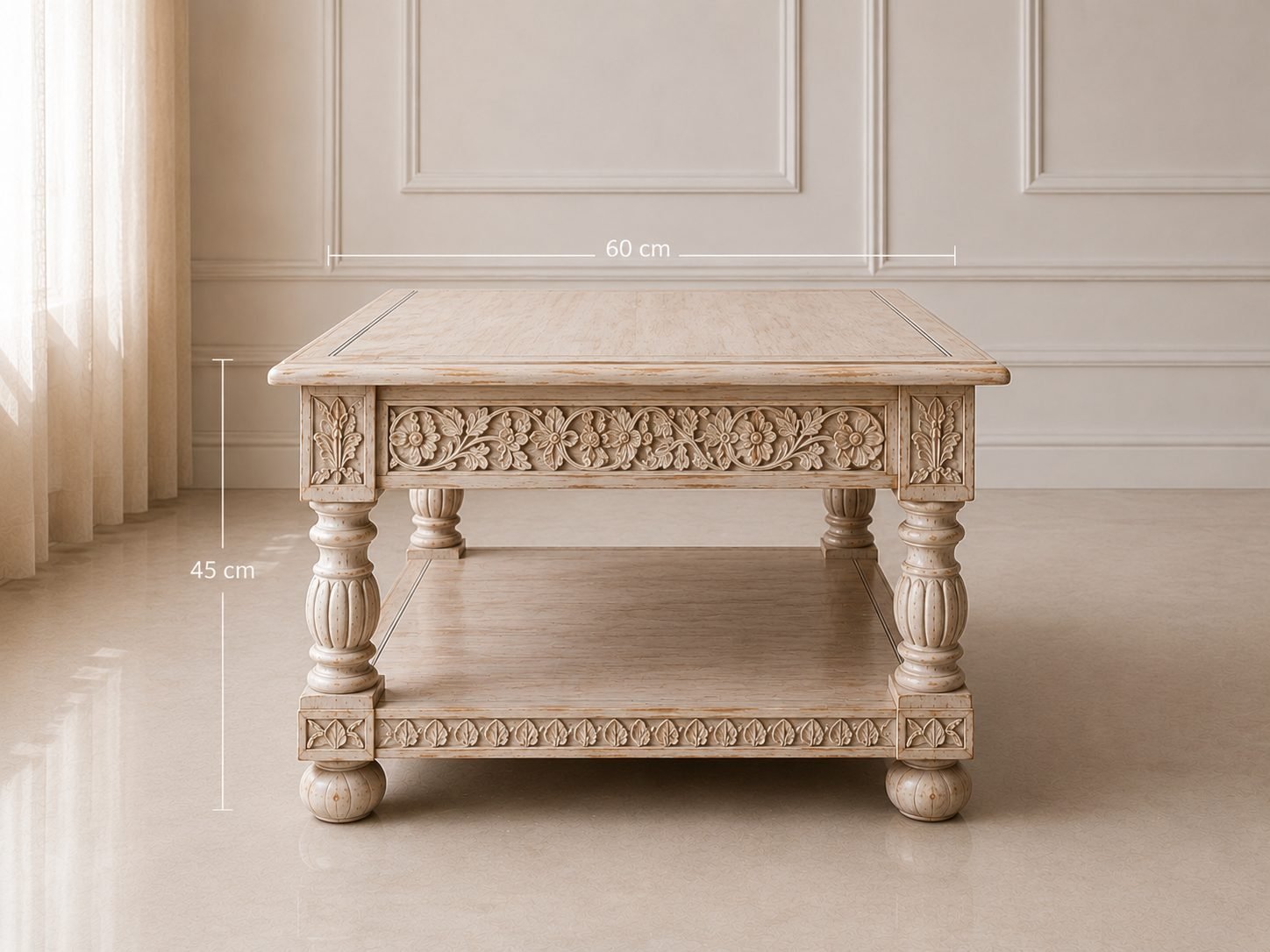 Handcrafted Wooden Coffee Table with Shelf – Carved Detail | Distressed Natural Finish - Image 3