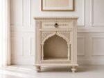 Handcrafted Carved Wooden Bedside Table – Warm antique ivory