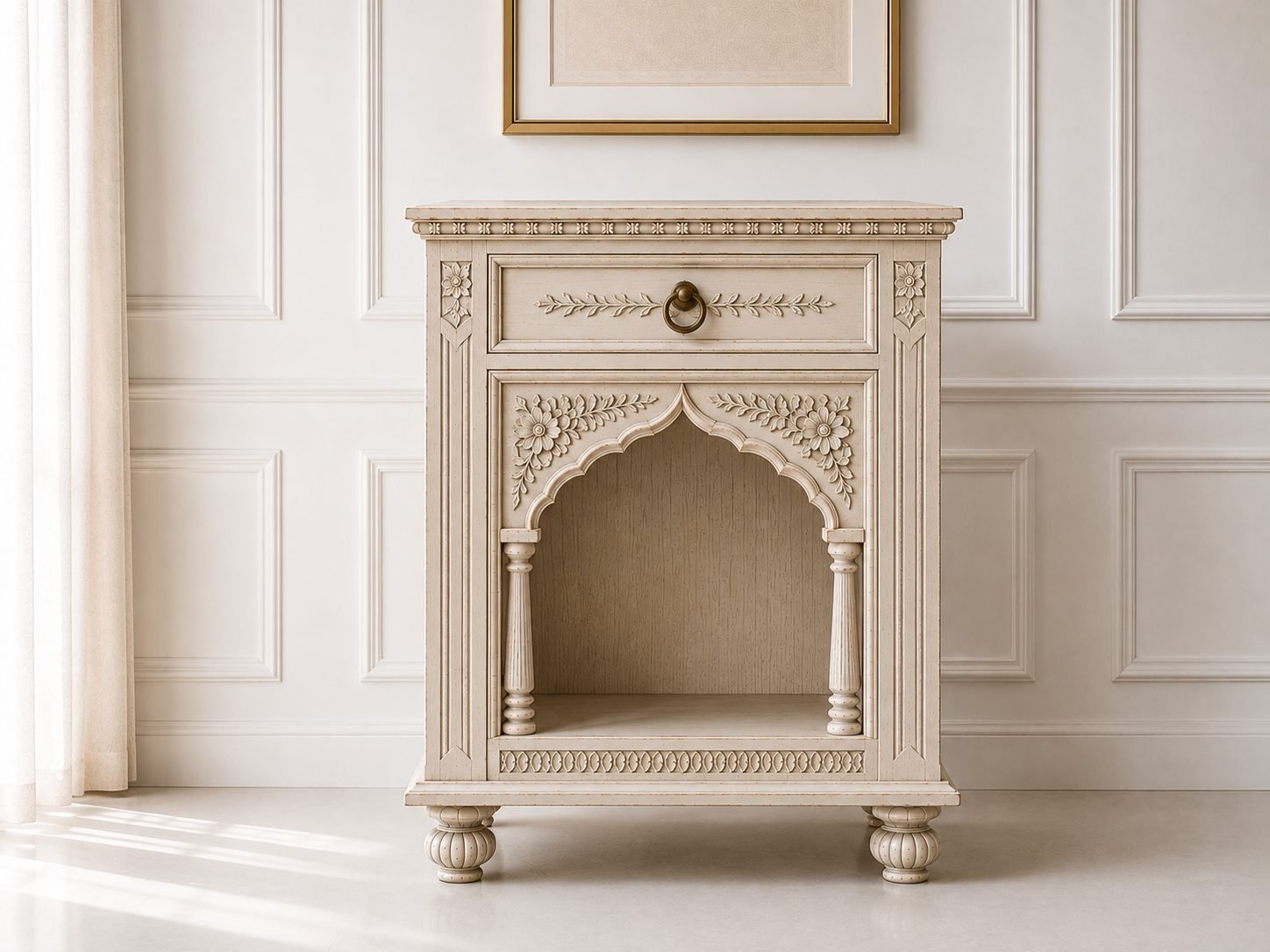 heritage_jaipur_bedside_table_compressed Handcrafted Carved Wooden Bedside Table – Warm antique ivory - Image 1