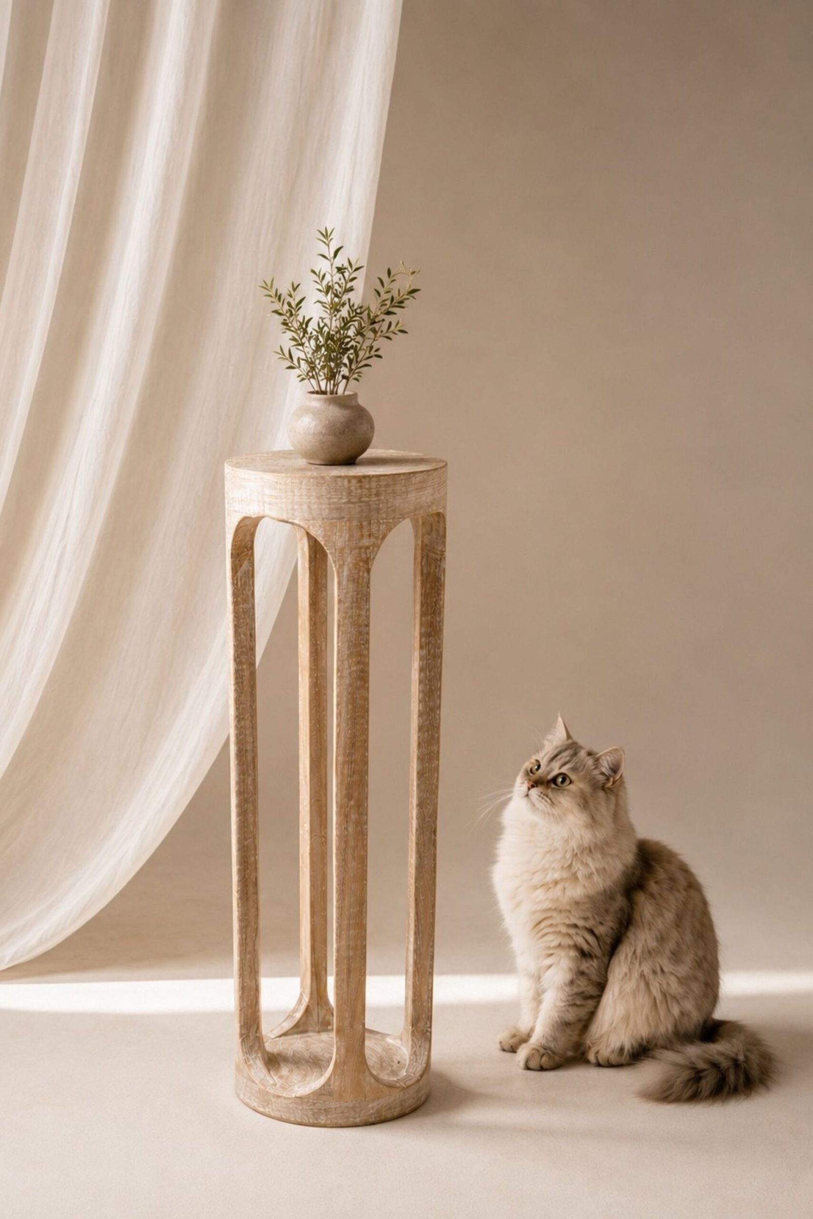 sidetable Distressed White Wooden Pedestal Side Table – Slim Accent Stand for Living Room - Image 1