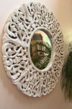 Hand-Carved White Round Wooden Mirror Wall Panel – Statement Decor (90 cm)