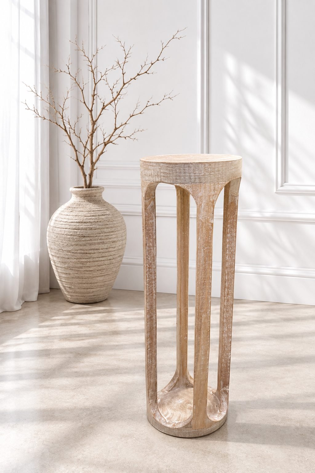 white_side_table_compressed Distressed White Wooden Pedestal Side Table – Slim Accent Stand for Living Room - Image 1