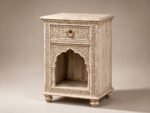 Handcrafted Carved Wooden Bedside Table – Distressed White Finish - Image 5