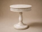 Handcrafted Round Wooden Side Table – Carved Pedestal Design | Distressed White Finish - Image 2